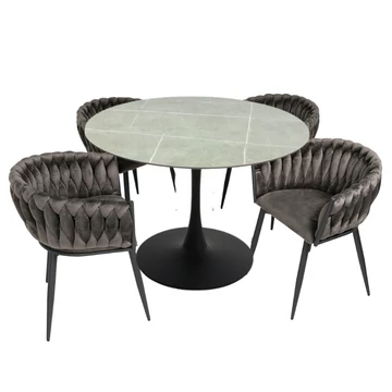 Atlasz kerámia lapos körasztal 110 cm (szürke márvány - fekete láb)  + 4 db Deluxe (barna)