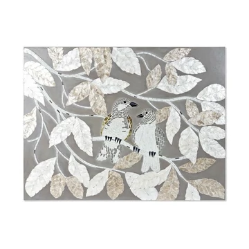 Dekoráció falra levelek madarak üveg, mdf 90x4x70 cm bézs, szürke