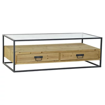 Dohányzóasztal lucfenyő, üveg, fém 120x60x40 cm világosbarna, fekete