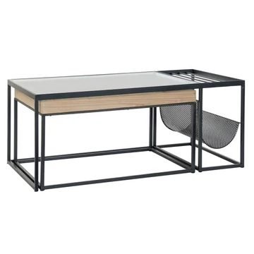 Dohányzóasztal szett fém, üveg, fa, bambusz 110x60x45 cm natúr, fekete S/2