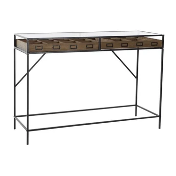 Konzol asztal fém, üveg, mdf 120x40x83 cm fekete, barna