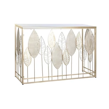 Konzol asztal leveles fém, üveg 120x40x80 cm arany, fekete