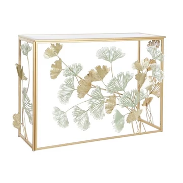 Konzol asztal tükör leveles fém, üveg 108x36x80 cm arany, zöld