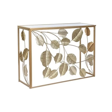 Konzol asztal tükör leveles fém, üveg 108x37x80 cm arany