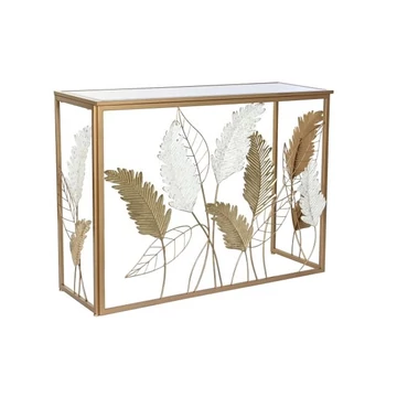 Konzol asztal tükör leveles fém, üveg 108x37x80 cm arany, fehér