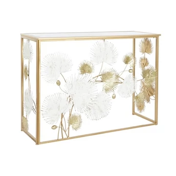 Konzol asztal tükör leveles fém, üveg 108x37x80 cm arany, fehér