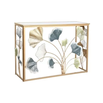 Konzol asztal tükör leveles fém, üveg 108x37x80 cm arany, színes
