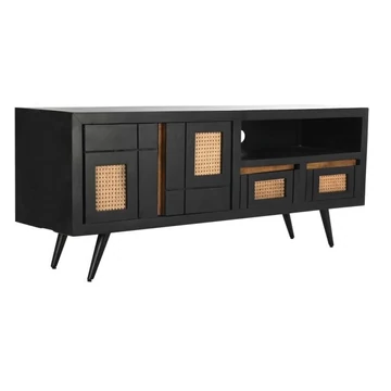 Tv-s szekrény mangófa, rattan 145,5x40,5x60 cm fekete, natúr