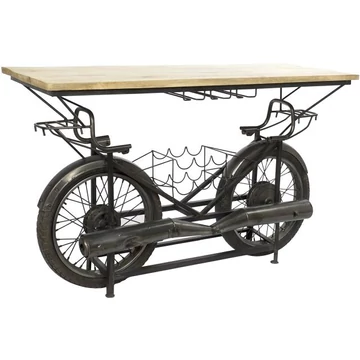 Kisasztal bortartóval motoros fém, mangófa, gumi 155x56,5x96,5 cm fekete, natúr