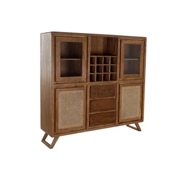 Vitrin akácfa, üveg, rattan 160x41x153 cm barna, natúr