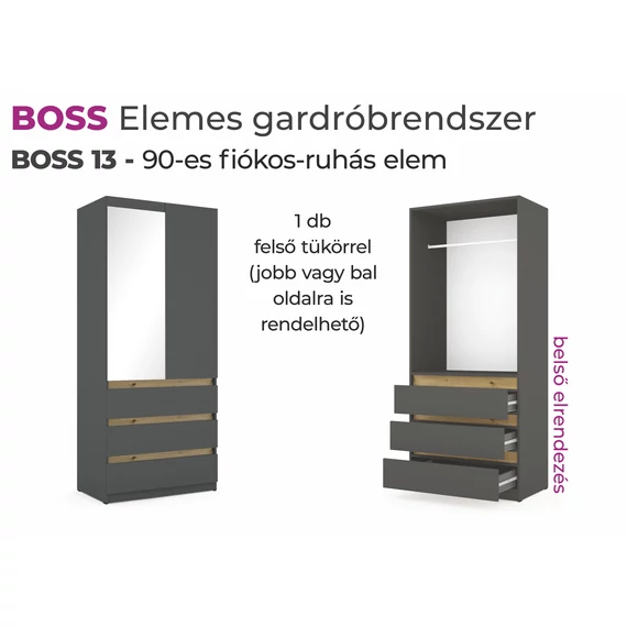 Boss elemes gardrób - 90-es fiókos ruhás elem (felül 1 tükrös) 