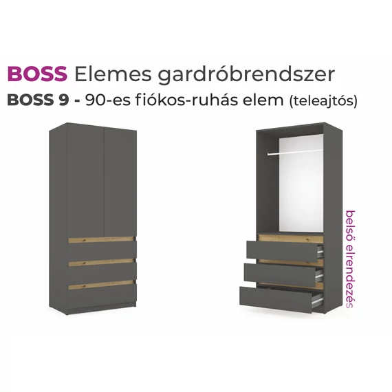 Boss elemes gardrób - 90-es fiókos ruhás elem (teleajtós)