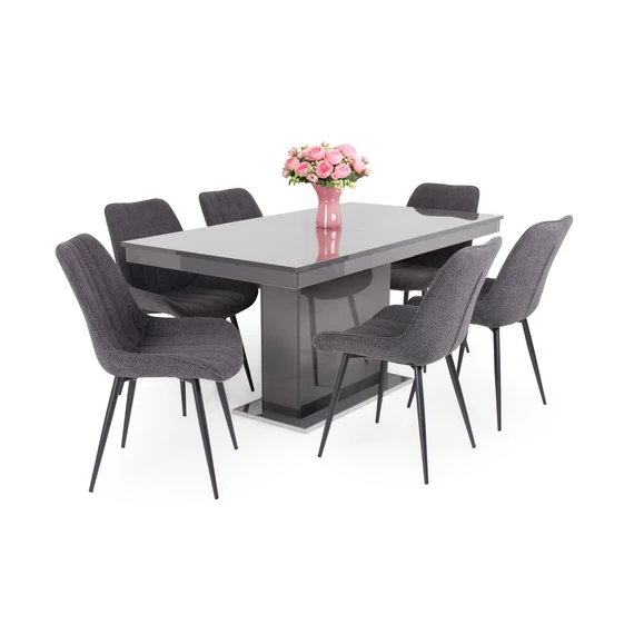 Magasfényű Flóra bővíthető asztal (antracit) + 6 db Dexter szék (sötétszürke)