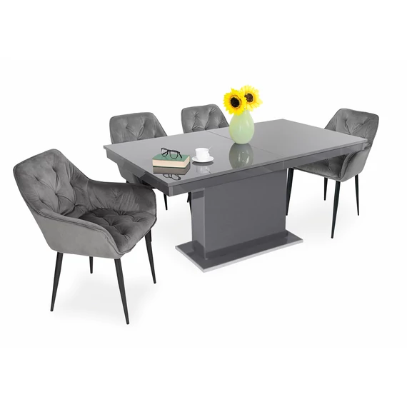 Magasfényű Flóra asztal (160 cm x 88 cm (+40 cm) antracit) + 4 db Noel szék (szürke)