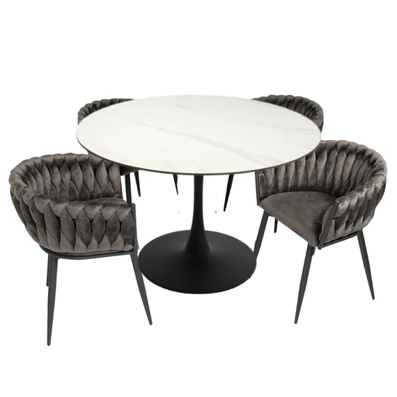 Atlasz kerámia lapos körasztal 110 cm (fehér márvány - fekete láb)  + 4 db Deluxe (barna)