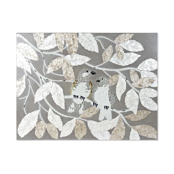Dekoráció falra levelek madarak üveg, mdf 90x4x70 cm bézs, szürke