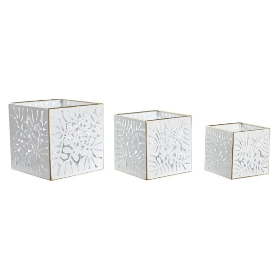 Kaspó szett leveles fém 15x15x15 cm fehér, arany S/3