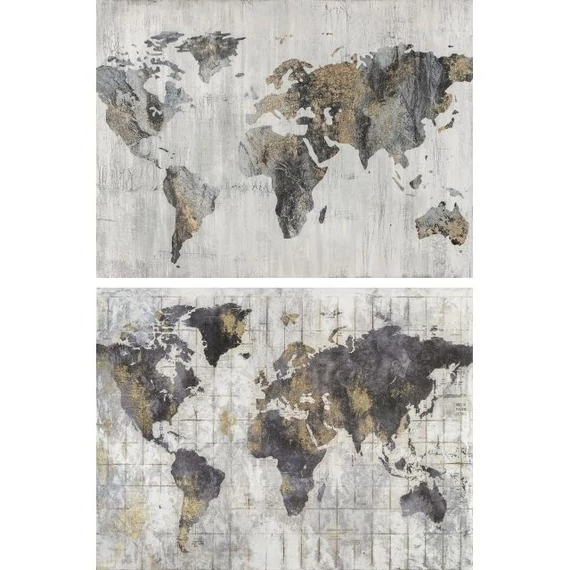 Kép világtérkép vászon, fenyő, kézzelfestett 120x4x90 cm szürke, arany 2 féle