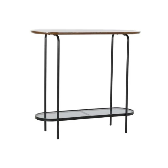 Konzol asztal fém, üveg, fa 90x30x80 cm fekete