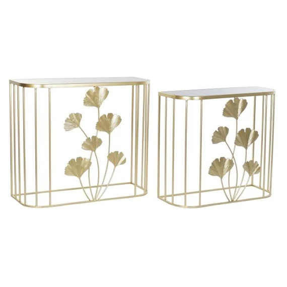Konzol asztal szett leveles matt fém, üveg 80x32,7x79,6 cm arany S/2
