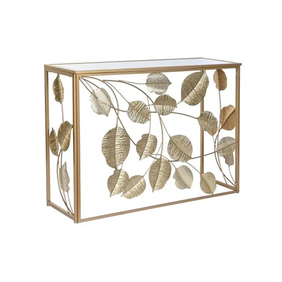 Konzol asztal tükör leveles fém, üveg 108x37x80 cm arany