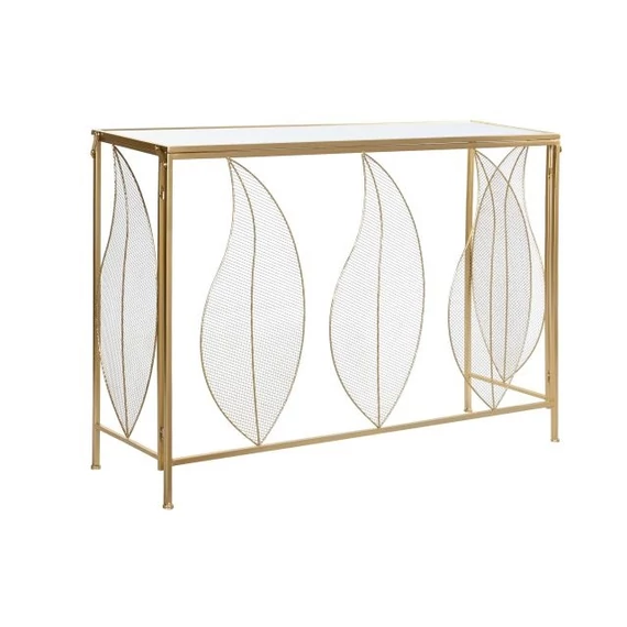 Konzol asztal tükör leveles fém, üveg 111x32x77 cm arany