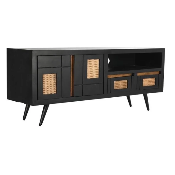 Tv-s szekrény mangófa, rattan 145,5x40,5x60 cm fekete, natúr